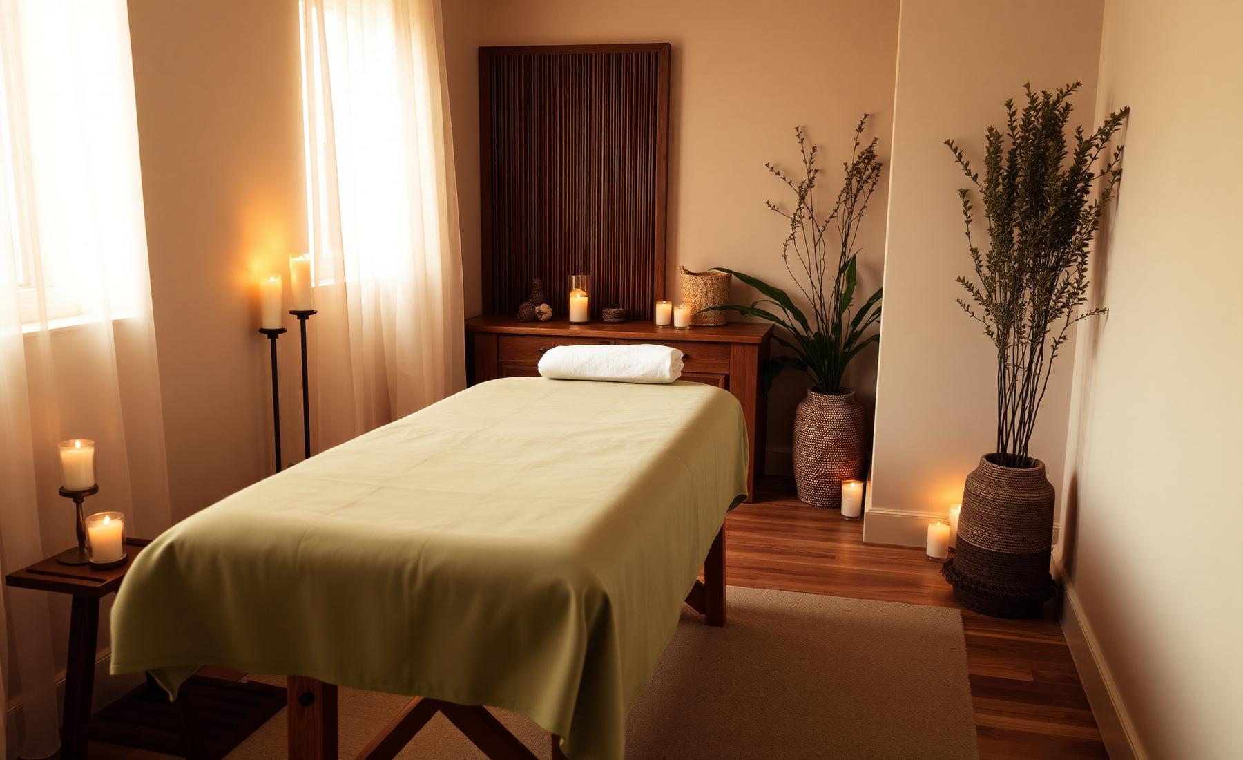 Sala de massoterapia acolhedora com iluminação em velas